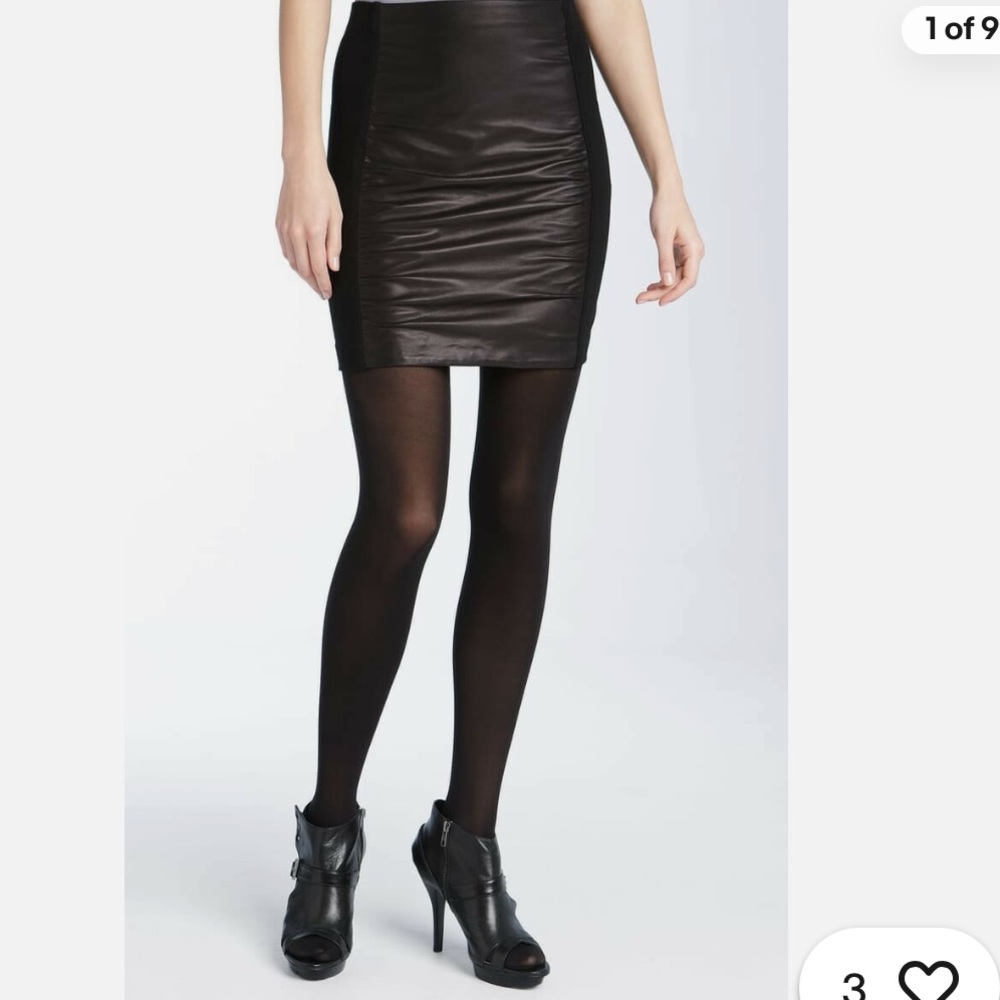 Theory Women's Irmena Black Leather Panel Black Pencil Straigt Skirt